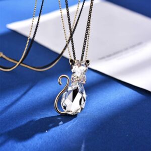 Rigant Gold Plated Heart Cut & Teardrop Swarovski Elements Crystal Bow Tie Cat Animal Pendant Long Chain Necklace