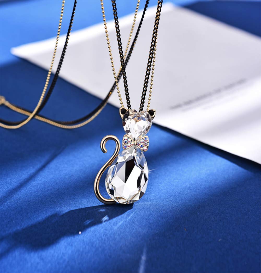 Rigant Gold Plated Heart Cut & Teardrop Swarovski Elements Crystal Bow Tie Cat Animal Pendant Long Chain Necklace