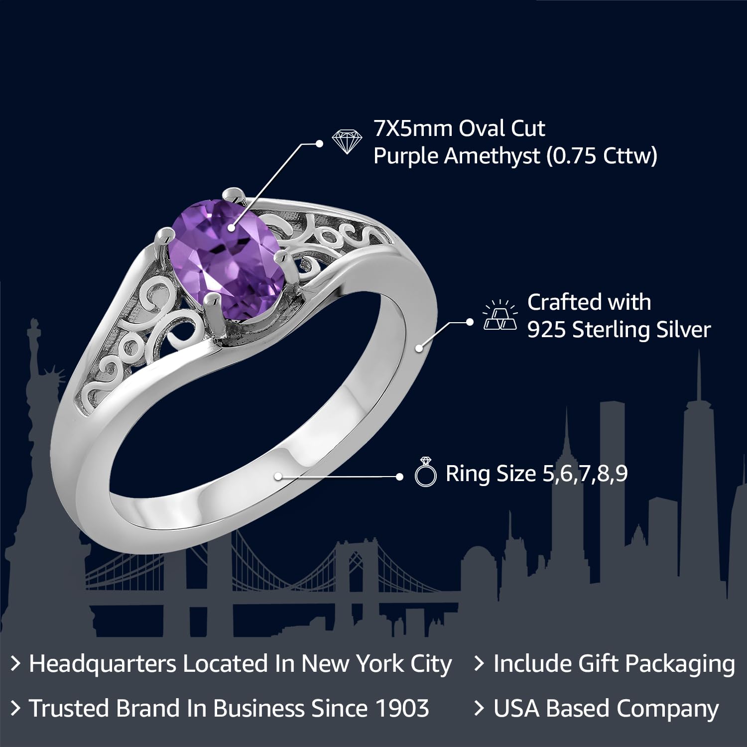 Gem Stone King 925 Sterling Silver Purple Amethyst Jewelry Ring For Women | 0.75 Cttw | Gemstone Birthstone | Oval 7X5MM | Available In Size 5, 6, 7, 8, 9