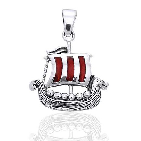 Drekkar - Viking Longship Sterling Silver with Red Enamel Pendant