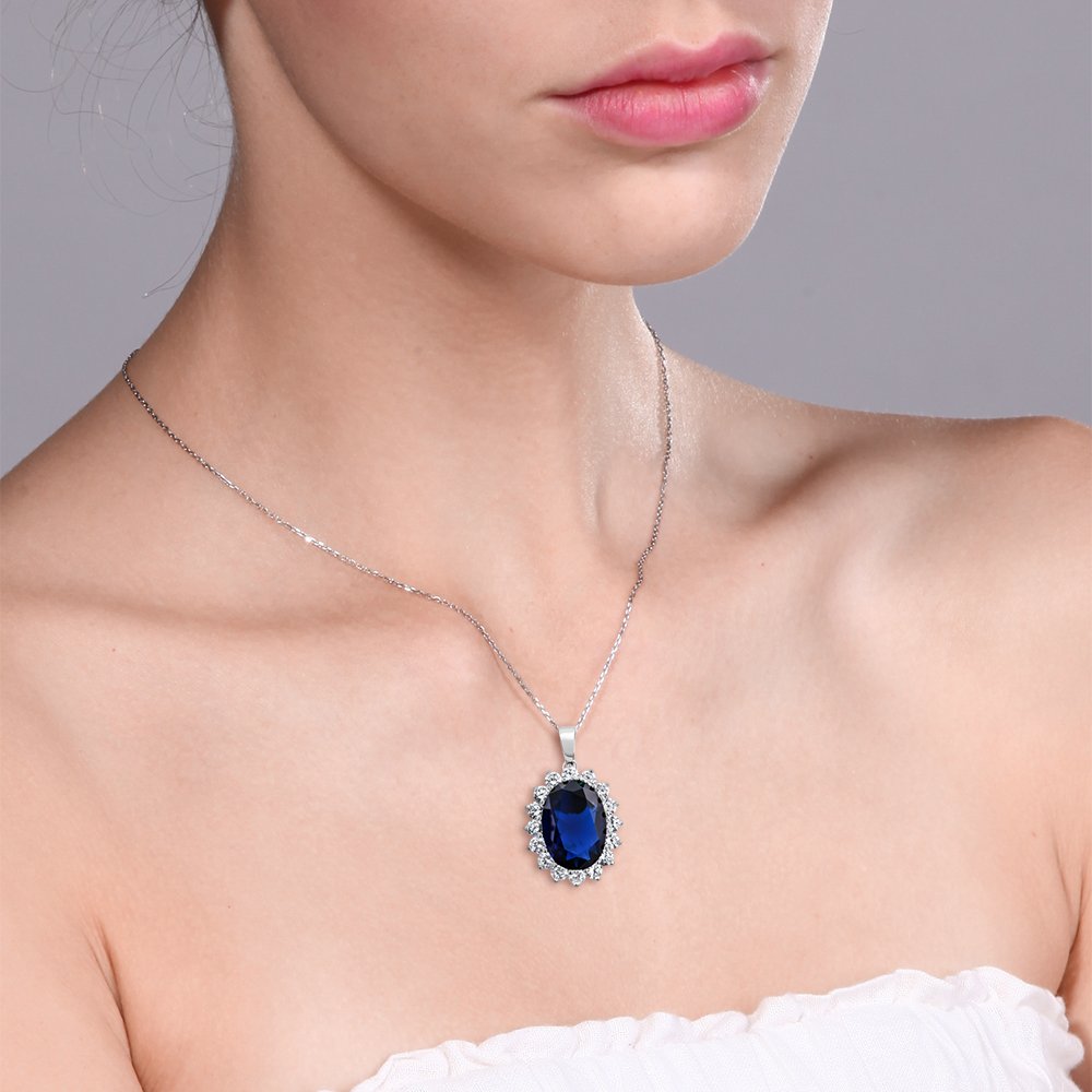 Gem Stone King 13.00 Cttw Blue Simulated Sapphire Pendant Necklace For Women In 925 Sterling Silver | Oval 13X18MM | With 18 Inch Silver Chain