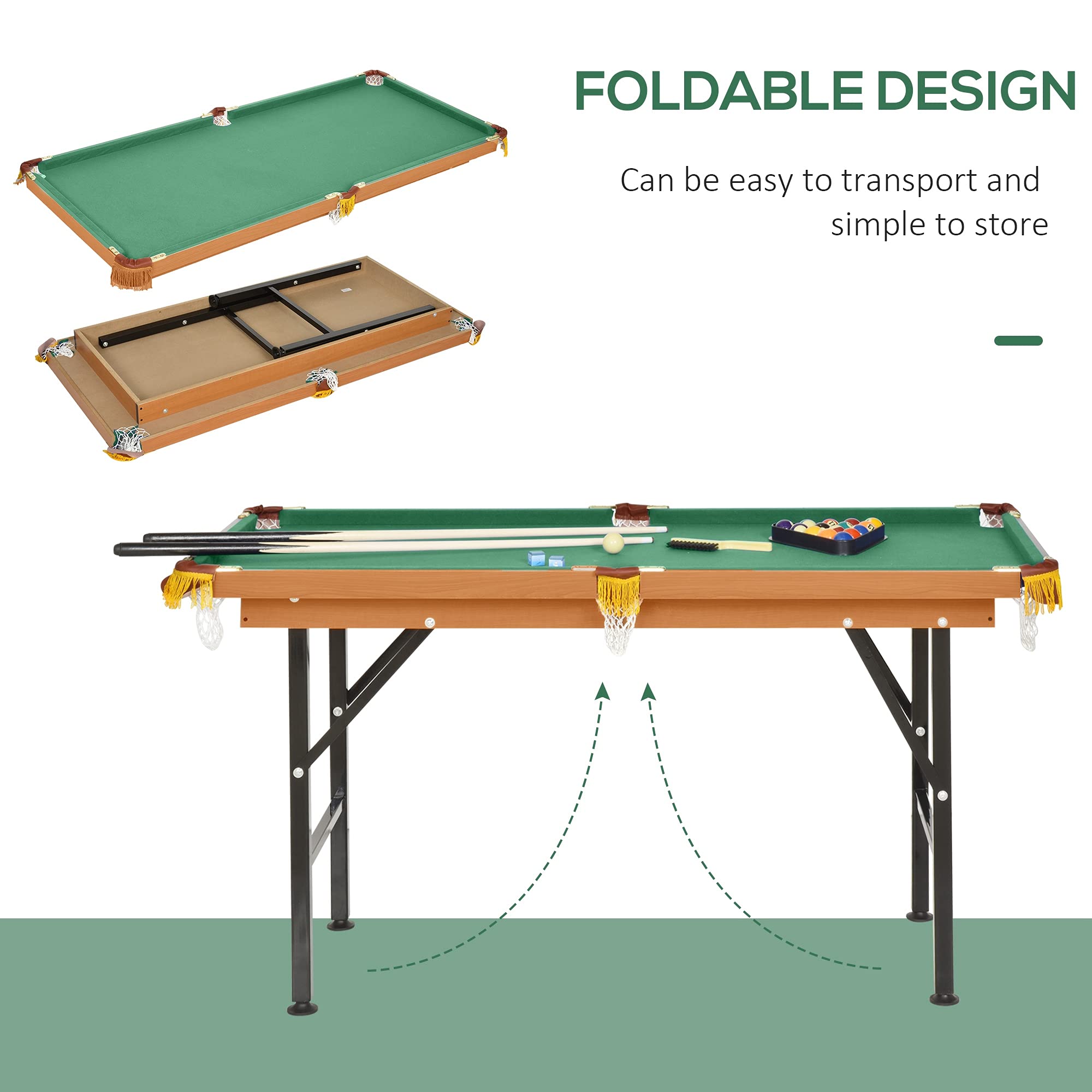 Soozier 55" Portable Folding Billiards Table Game Pool Table for Whole Family Number Use with Cues, Ball, Rack, Chalk, Green