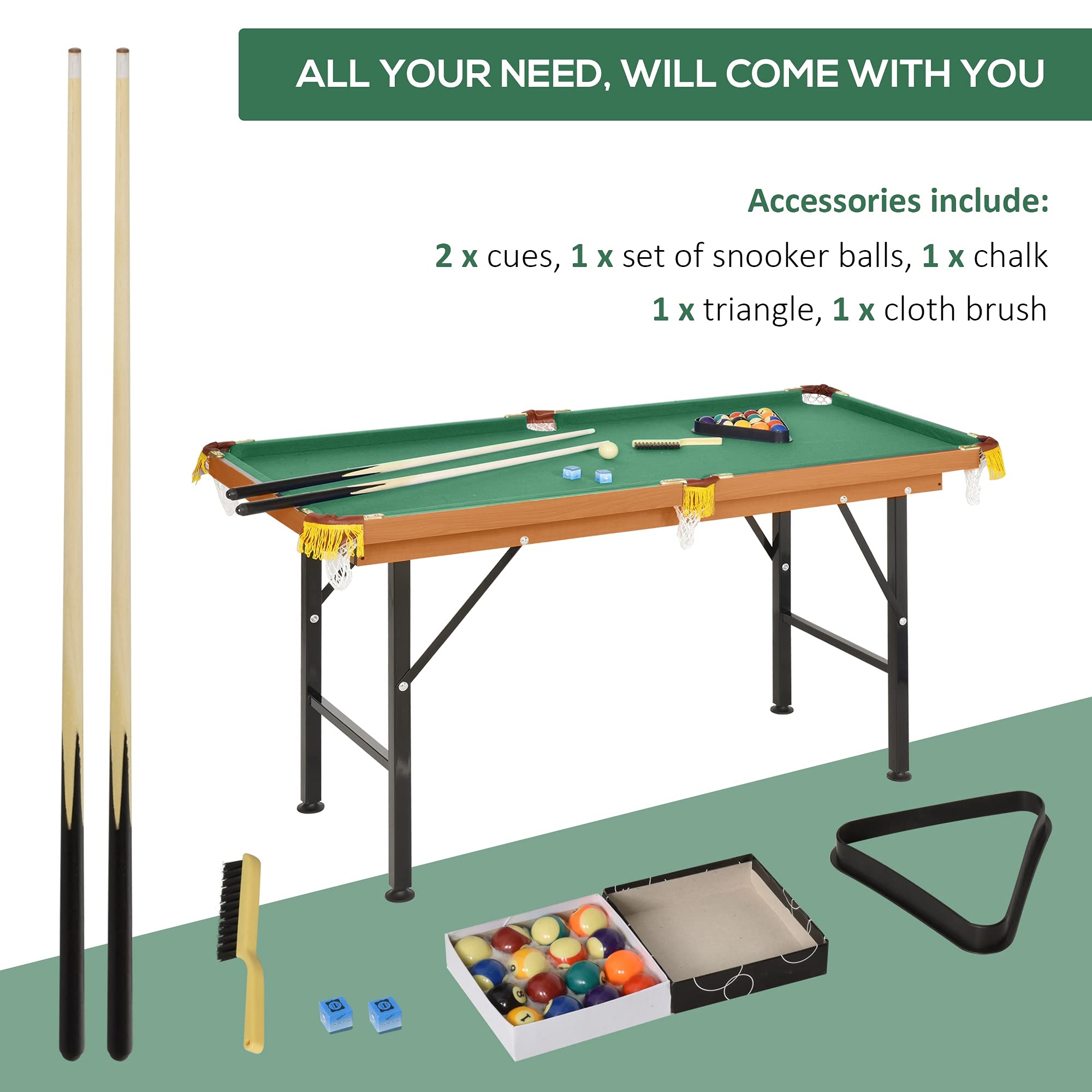 Soozier 55" Portable Folding Billiards Table Game Pool Table for Whole Family Number Use with Cues, Ball, Rack, Chalk, Green