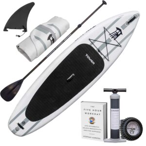 tower inflatable 10’4” stand up paddle board - (6 inches thick) - universal sup wide stance - premium sup bundle (pump & adjustable paddle included) - non-slip deck (adventurer 2-10'4")