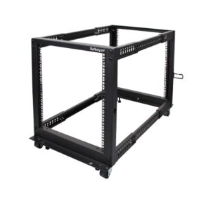 startech.com 4-post 12u mobile open frame server rack, 19in network rack with wheels, rolling rack for computer/av/data/it equipment - casters, leveling feet or floor mounting (4postrack12u)