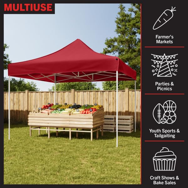 Pop-Up Outdoor Canopy Shade - 10x10 Water-Resistant Party Tent with Instant Setup and Portable Carrying Bag for Storage or Transport by Stalwart (Red)