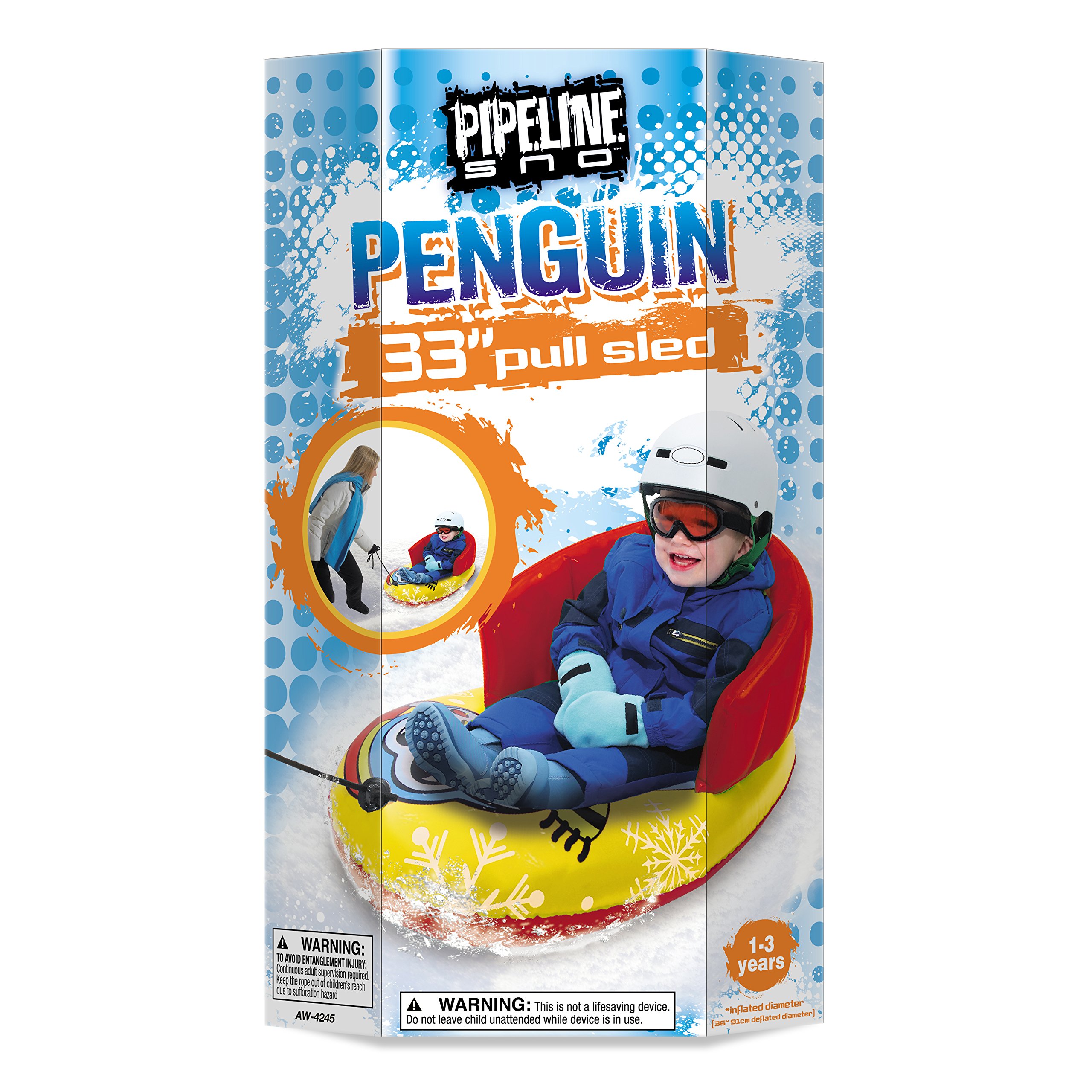 Pipeline Sno Penguin Character Snow-Pal Inflatable Kids Snow Tube with High Back Seat, 33” Inches Long