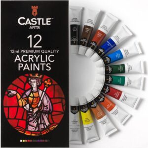 castle art supplies 12 x 12ml acrylic paint set | value beginner set for starters or adult artists | quality intense colors | smooth to use on range of surfaces | in neat presentation box