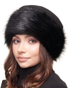 futrzane classic trim hat - faux fur trimmed hats for women - classy fleece cap (m, black - black classic)