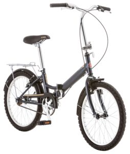 schwinn hinge adult folding bike, mens and womens, 20-inch alloy wheels, single speed drivetrain, rear cargo rack, carrying bag included for storage, grey