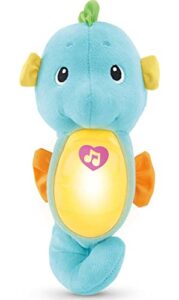 fisher-price musical baby toy, soothe & glow seahorse, plush sound machine with lights & volume control for newborns, blue