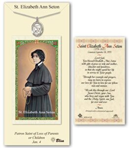 bonyak jewelry pewter st. elizabeth ann seton medal on an 18 inch lite curb chain with a prayer to st elizabeth anne seton prayer card.