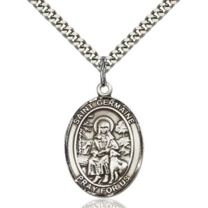 Bonyak Jewelry Saint Medal Collection Sterling Silver St. Germaine Cousin Pendant 1 x 3/4 inches with Heavy Curb Chain