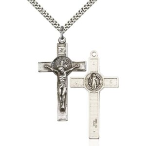 Bonyak Jewelry Sterling Silver St. Benedict Crucifix Pendant 1 3/4 x 1 inches with Heavy Curb Chain