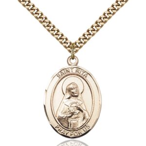 bonyak jewelry saint medal collection gold filled st. rita/baseball pendant 1 x 3/4 inches with heavy curb chain