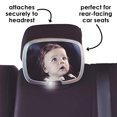 Diono Easy View Plus Baby Car Mirror with Light, Safety Car Seat Mirror for Rear Facing Infant with 360 Rotation, LED Night Light, Wide Crystal Clear View, Shatterproof, Crash Tested