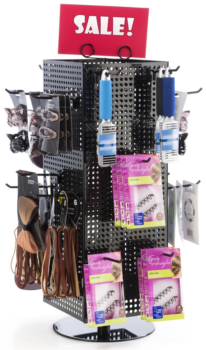 Displays2go Counter Pegboard Spinner Rack, Magnetic, 28 Inch, Black Steel (MD4PCTBK)