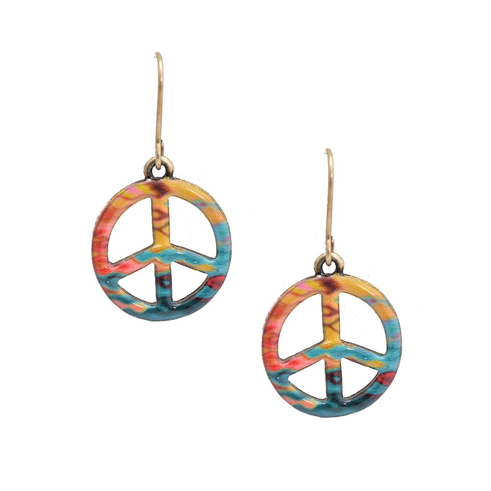 Spinningdaisy Folk Art Colorful Peace Sign earrings Yellow Green