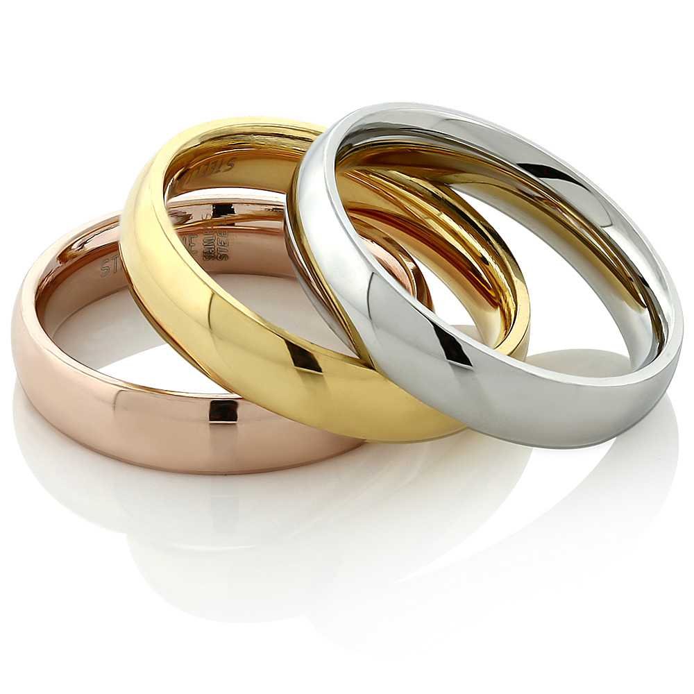 Gem Stone King Stainless Steel Rose Yellow Gold and Silver 3 Tri-Color Stacking Set of 3 Band Ring