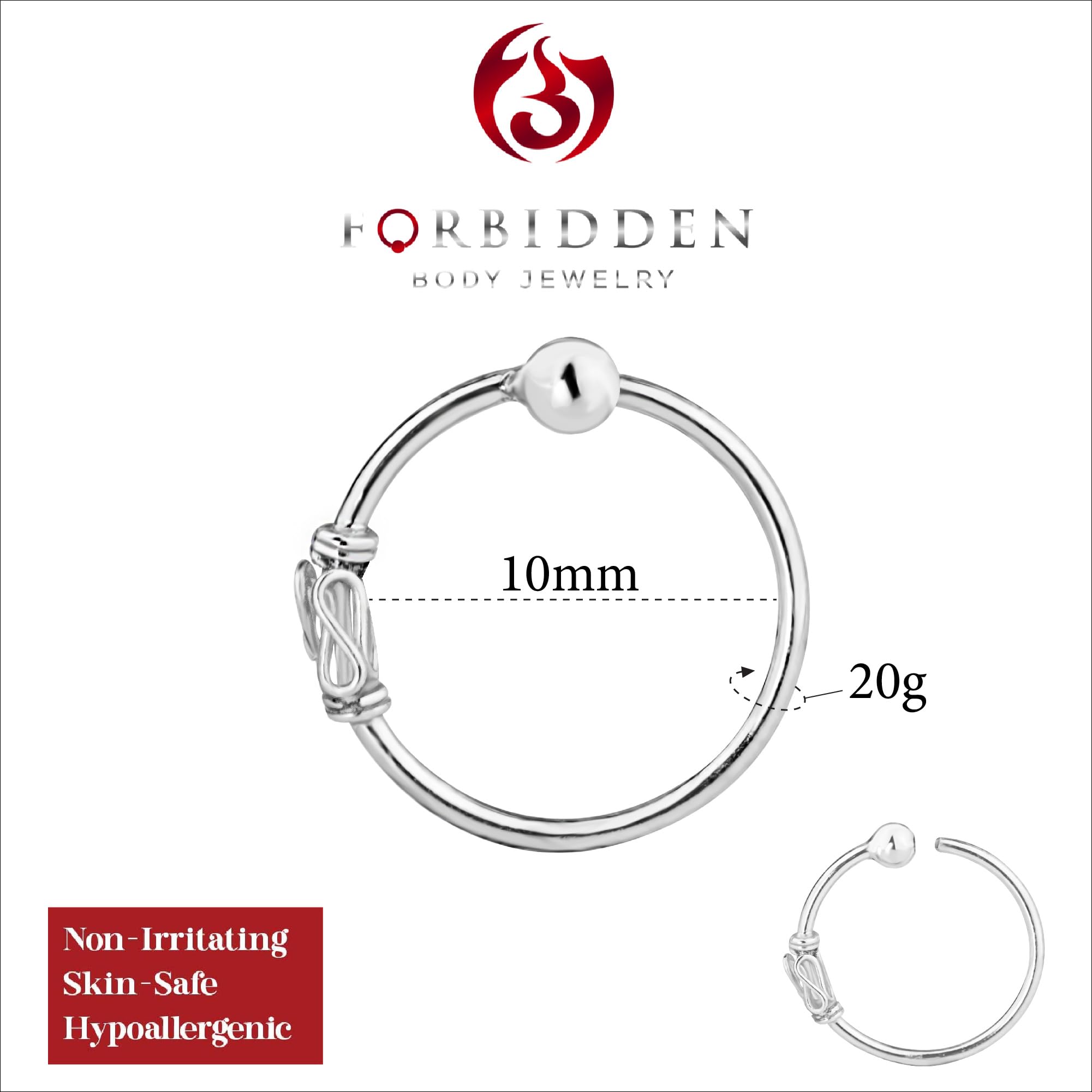 Forbidden Body Jewelry 20g Sterling Silver Bali Style Nose Hoop