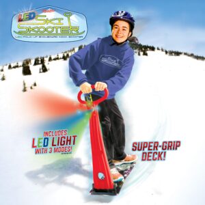 geospace original winter fun ski skooter with single led light - fold-up snowboard kick scooter sled for use on snow for kids 6 & up,teens & adults - assorted colors (red, green or blue)