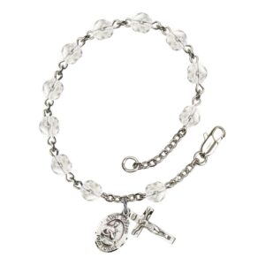 st. gerard majella silver plate rosary bracelet 6mm april crystal fire polished beads crucifix size 5/8 x 1/4 medal charm