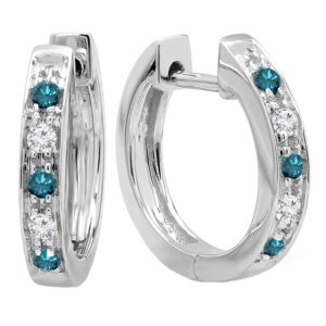 Dazzlingrock Collection Round Blue & White Diamond Single Row Hinged Post Hoop Earrings for Women in 10K White Gold