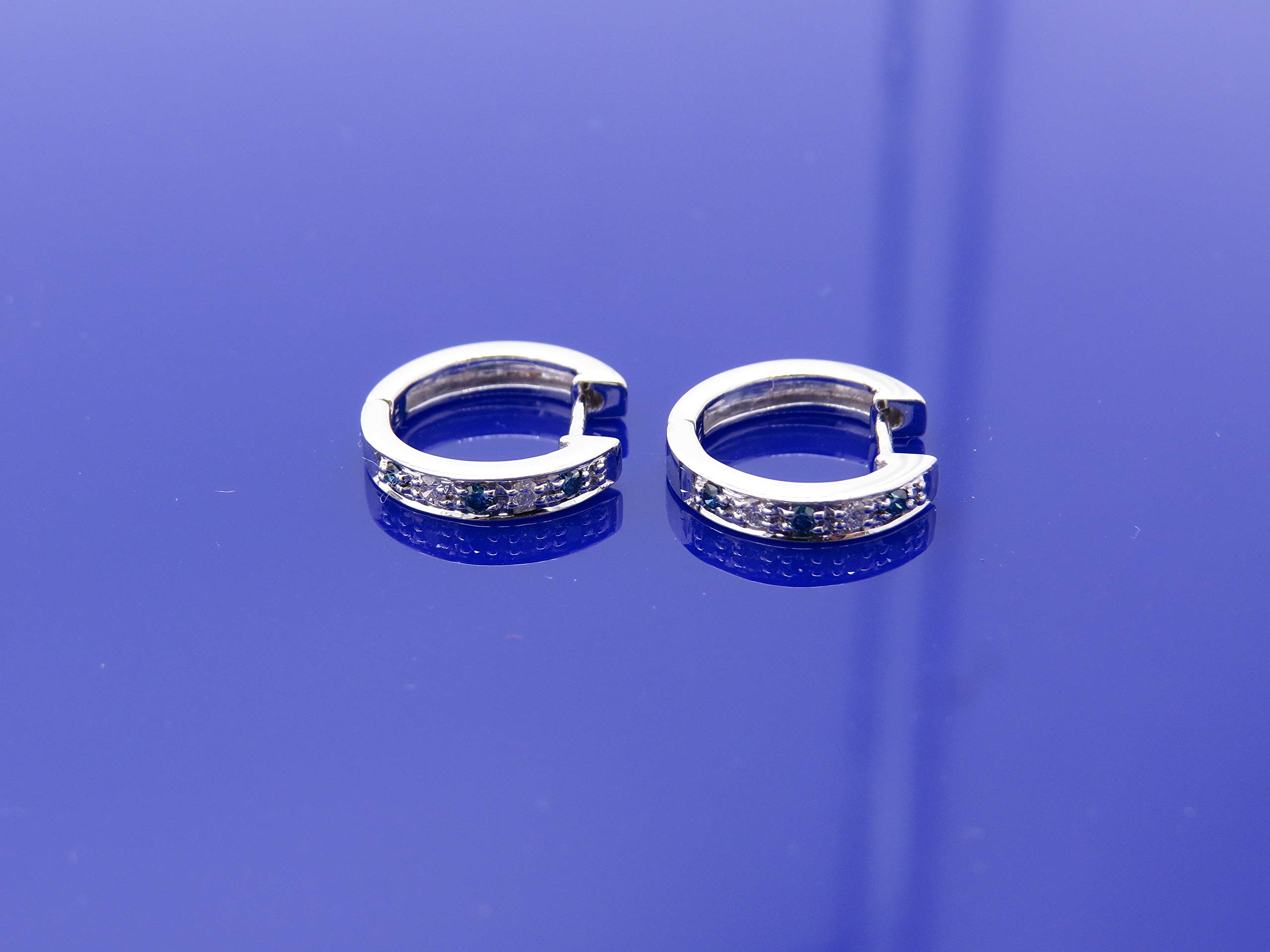 Dazzlingrock Collection Round Blue & White Diamond Single Row Hinged Post Hoop Earrings for Women in 10K White Gold