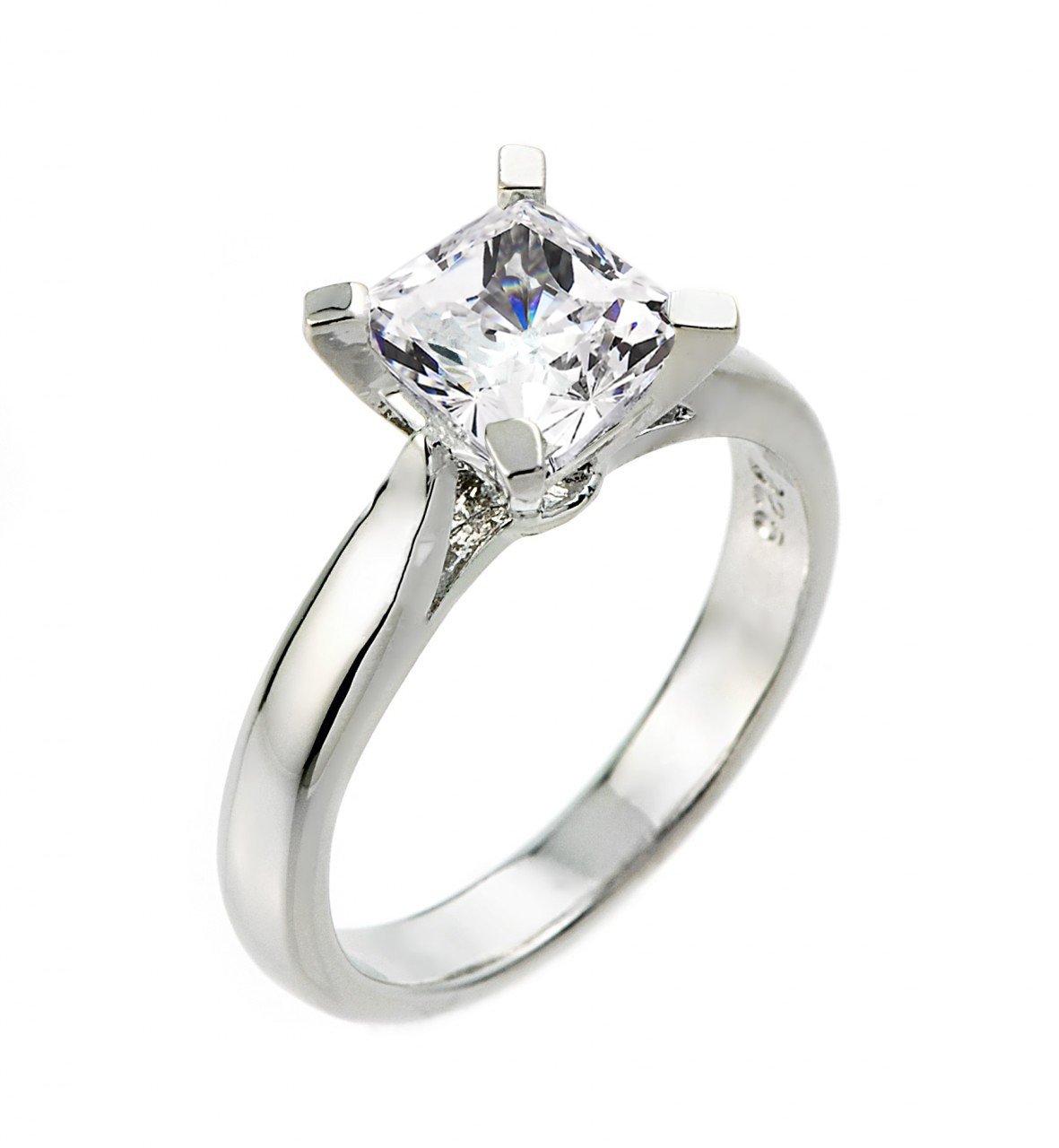 CZ Engagement Rings High Polish 925 Sterling Silver Princess-Cut Four-Prong Solitaire 3 Carat (Size 8.25)