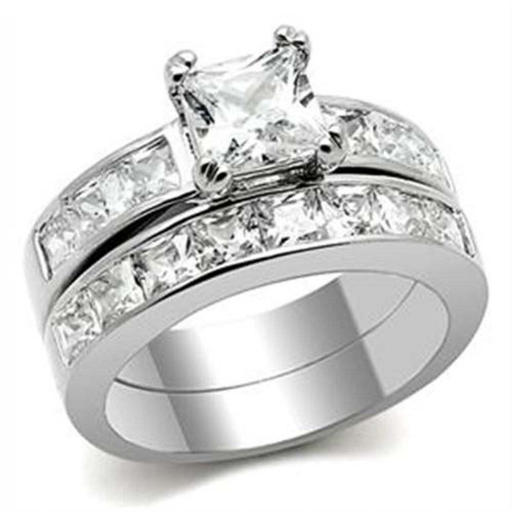 Marimor Jewelry Women's Stainless Steel 316 Princess Cut 3.75 Carat Zirconia Wedding Ring Set Size 8