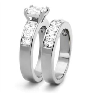 Marimor Jewelry Women's Stainless Steel 316 Princess Cut 3.75 Carat Zirconia Wedding Ring Set Size 8