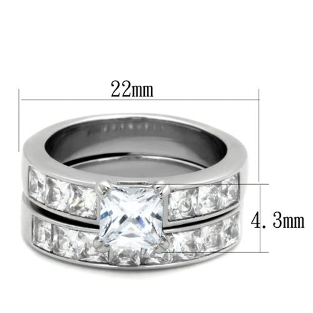 Marimor Jewelry Women's Stainless Steel 316 Princess Cut 3.75 Carat Zirconia Wedding Ring Set Size 8