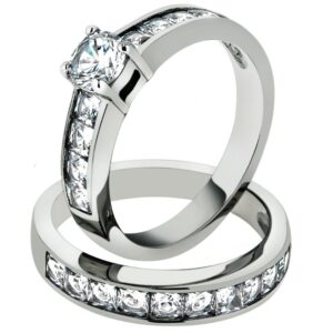 Marimor Jewelry 3.25 Carat Cubic Zirconia Stainless Steel 316 Engagement Wedding Ring Set Size 8