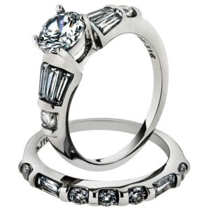 Marimor Jewelry 2.50 Carat Round Cubic Zirconia Stainless Steel Engagement Wedding Ring Set Size 8