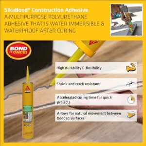 SikaBond Construction Adhesive, Gray, Advanced polyurethane for outdoor. Water immersible & waterproof, 29 fl.oz