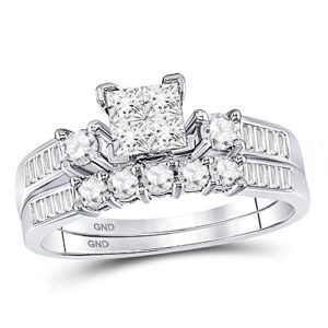 size 10 - 10k white gold princess cut, round & baguette diamond bridal engagement ring & matching wedding band two piece set - invisible set square princess center setting shape with channel set side stones (.90 cttw.)