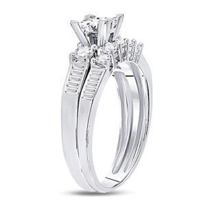 Size 10 - 10K White Gold Princess Cut, Round & Baguette Diamond Bridal Engagement Ring & Matching Wedding Band Two Piece Set - Invisible Set Square Princess Center Setting Shape with Channel Set Side Stones (.90 cttw.)