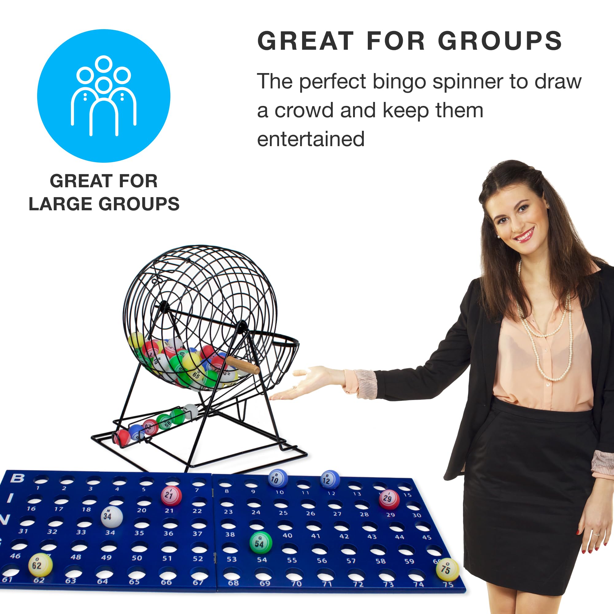 Royal Bingo Supplies Showstopper 19-inch XL Bingo Game - 1.5" Large Print Bingo Balls with Cage, Wood Master Board - Premium Bingo Set for Large Groups - Lottery Ball Machine Bingo Kit