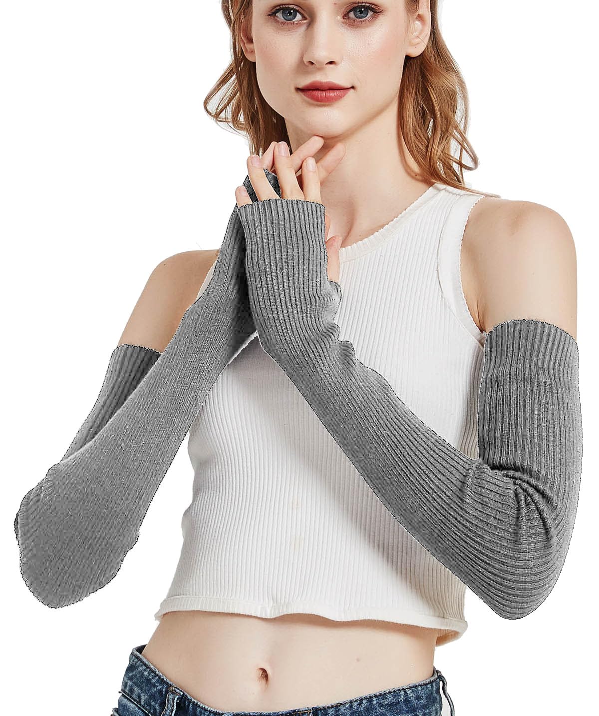 NOVAWO Wool Blend Warm Arm Warmers Super Soft Long Fingerless Gloves for Women