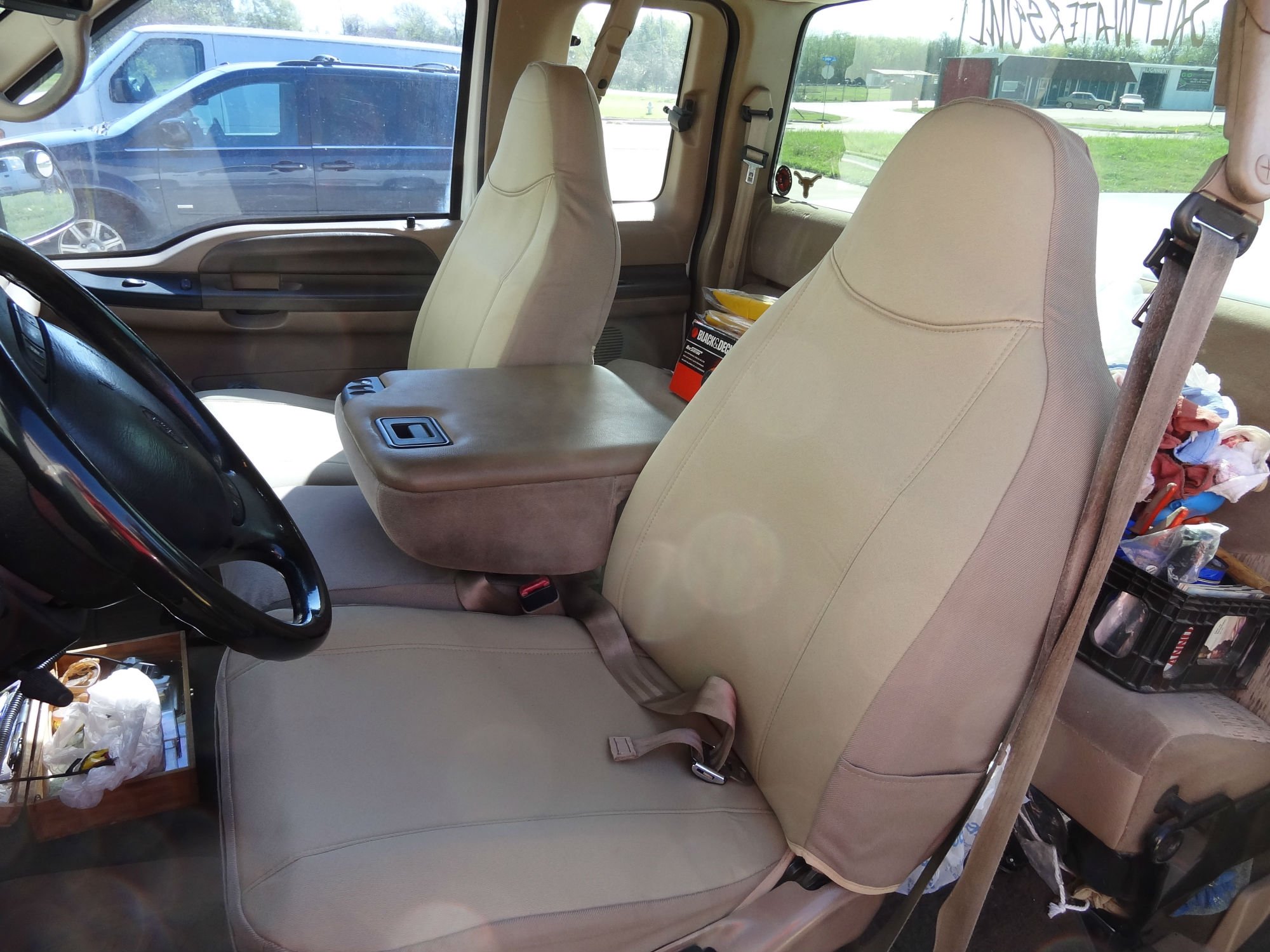 Durafit Seat Covers, F238-X3 1999-2007 Ford F250-F550 Base Model Only, Front 40/20/40 Split Seat Covers with Pointed Molded Headrests & Opening Console, Coin Holder in Console Tan Twill Fabric.