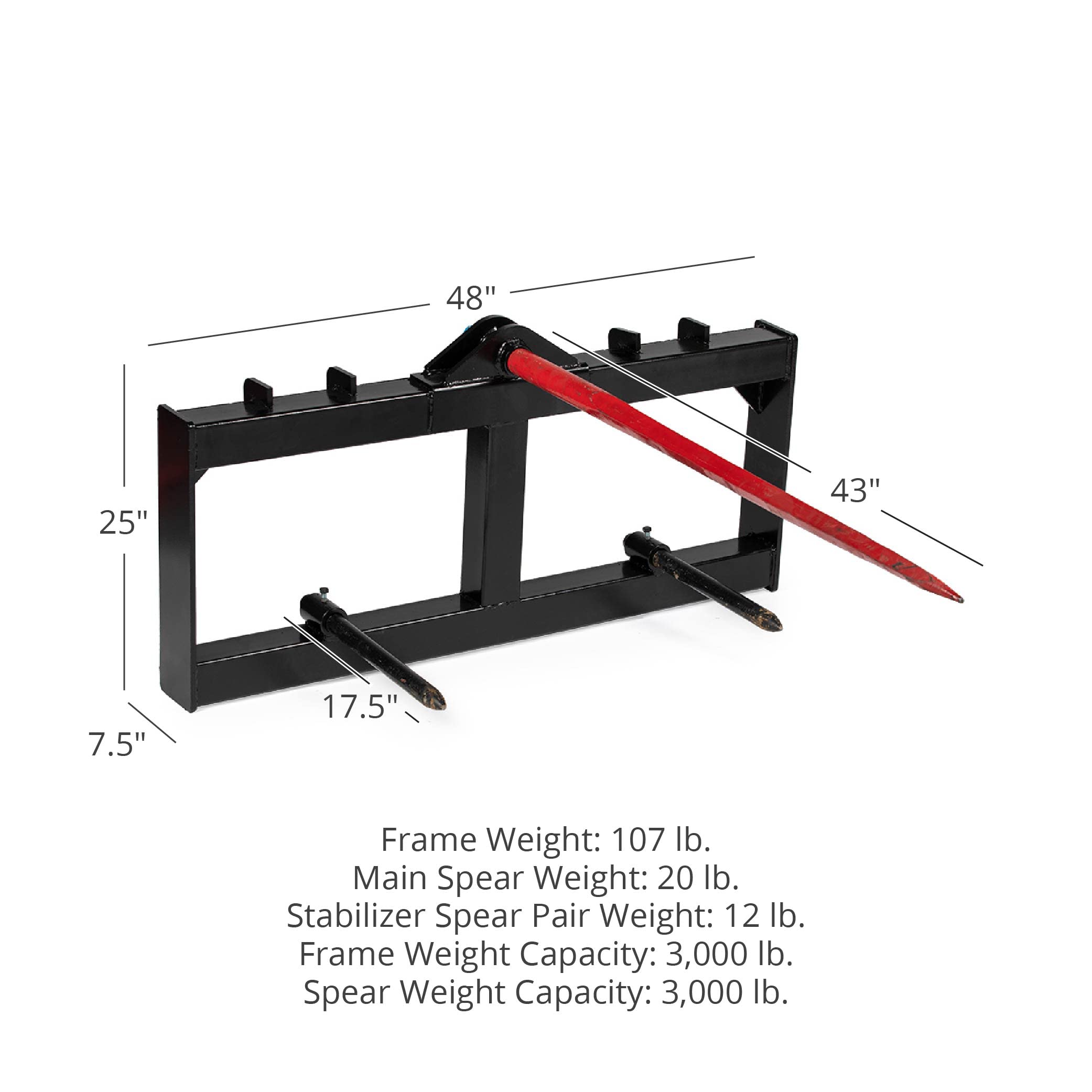 Titan Attachments Skid Steer Hay Frame Attachment, 43" Hay Spear and Stabilizer Spears, Rated 3,000 LB, Quick Tach Mounting, Hay Handing Equipment for Bobcat Tractors