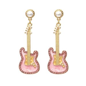 Hand Jeweled Guitar Earrings for Women, Teens, Stainless Steel, No Gemstone