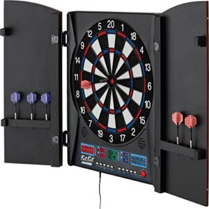 fat cat electronx electronic dartboard compact size over 35 games with 167 options built-in cabinet and dart storage for up to 12 darts auto scoring lcd display 8-player multiplayer and soft tip darts