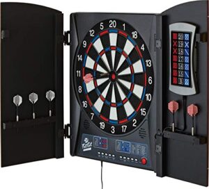 fat cat mercury electronic dartboard, built in cabinet doors with integrated scoreboard, dart storage for 6 darts, dual display in two colors, compact target face for fast play