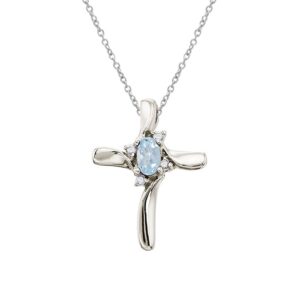 10k white gold aquamarine and diamond cross pendant with 18" chain