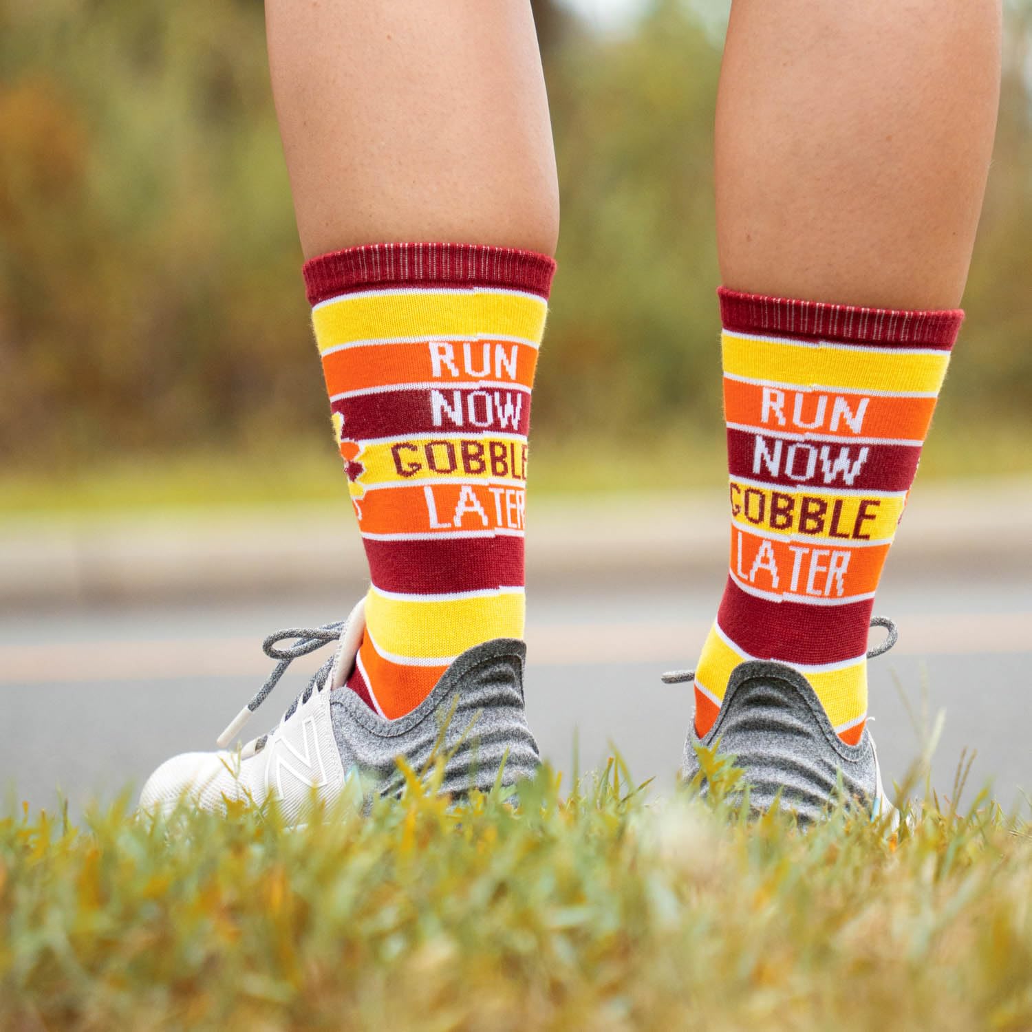 Gone For a Run Run Now Gobble Later | Running Woven Mid Calf Socks Thanksgiving Socks | Small