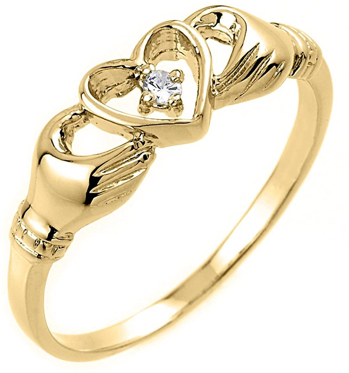 10k Yellow Gold Diamond Accent Solitaire Open Heart Claddagh Ring (J-K Color, I1-I2 Clarity)- Size 6-1/4