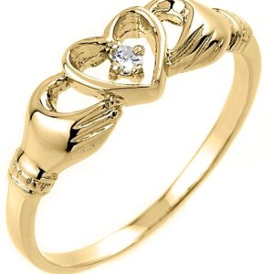 10k Yellow Gold Diamond Accent Solitaire Open Heart Claddagh Ring (J-K Color, I1-I2 Clarity)- Size 10-1/2