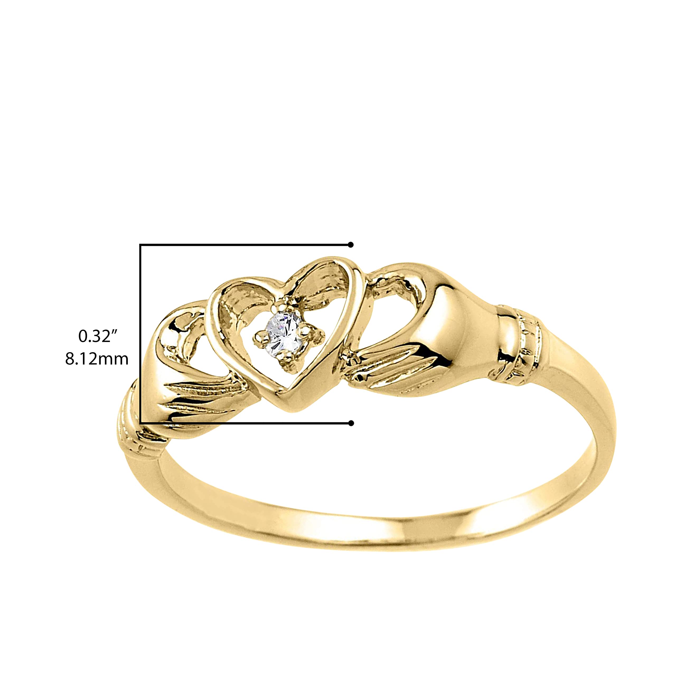 10k Yellow Gold Diamond Accent Solitaire Open Heart Claddagh Ring (J-K Color, I1-I2 Clarity)- Size 10-1/2