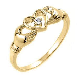 14k yellow gold diamond accent solitaire open heart claddagh ring (j-k color, i1-i2 clarity)- size 7